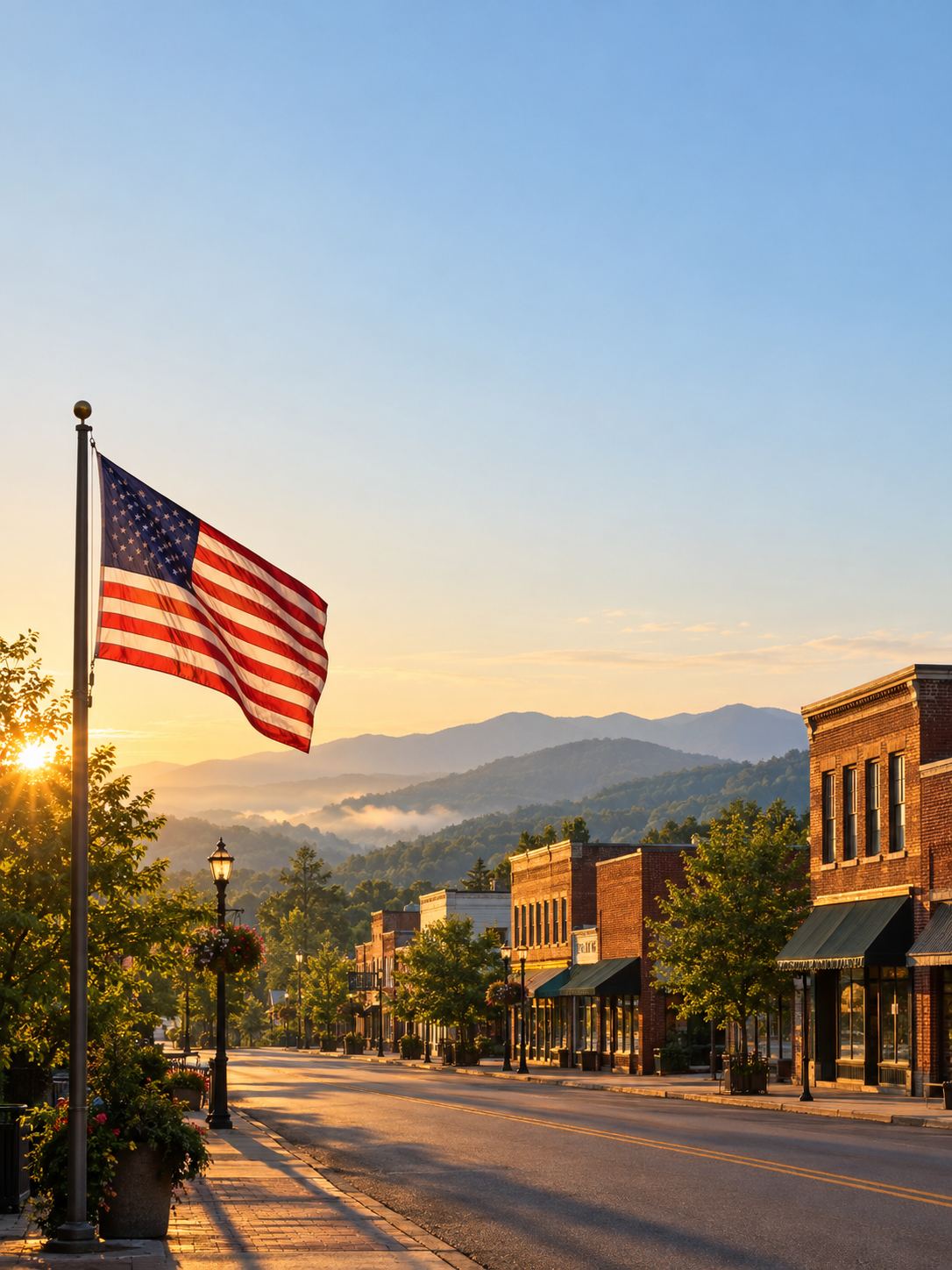 An American flag waving over a small-town street at sunrise with mountains in the distance