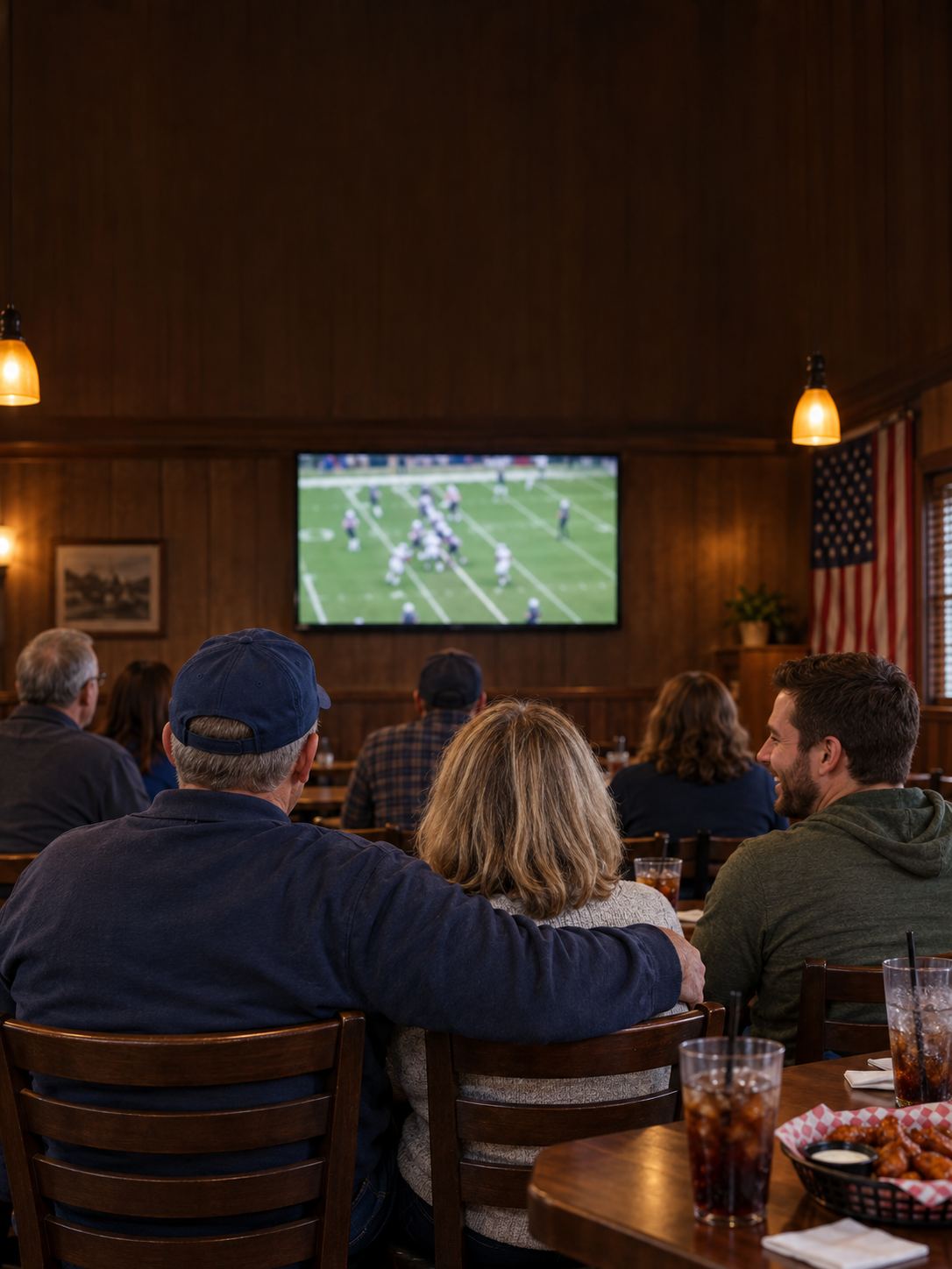 People watching a football game on a big screen inside the Post